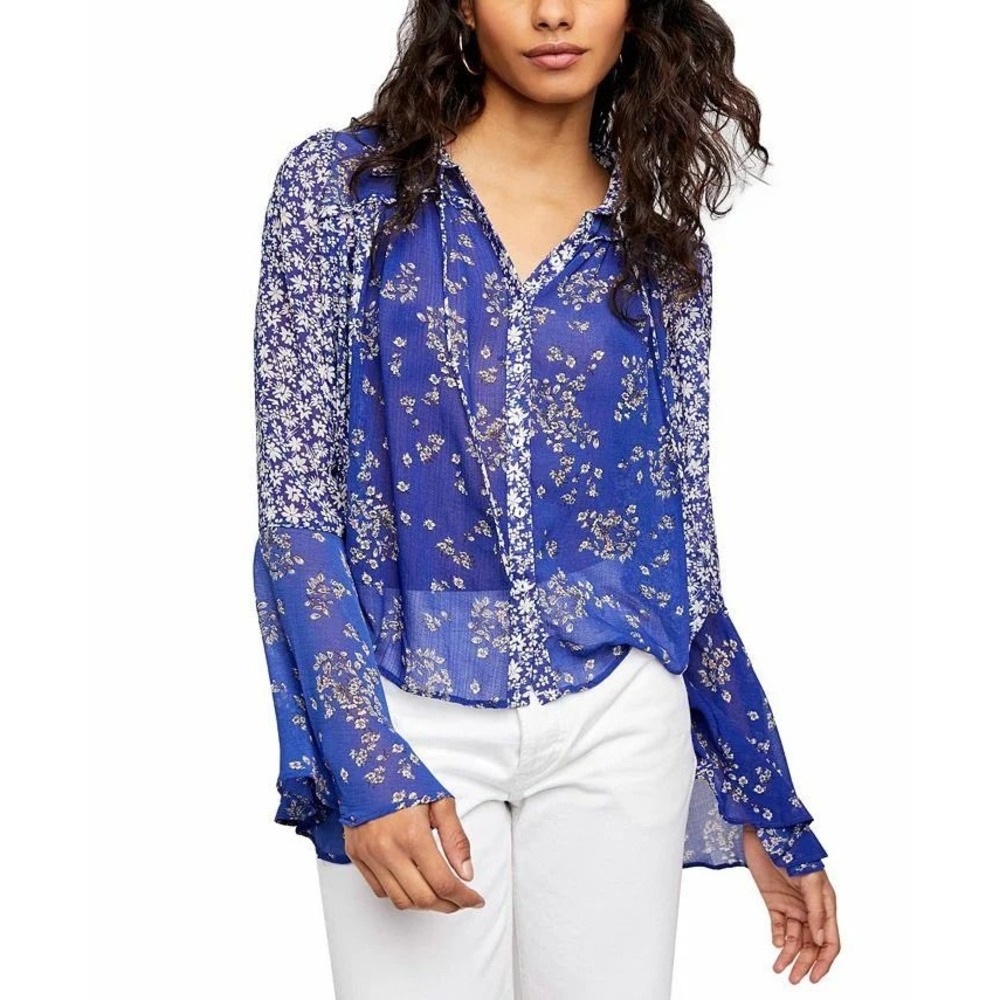 Free People Serena Printed Blouse Blue Floral Bell Sleeve Button Down Top